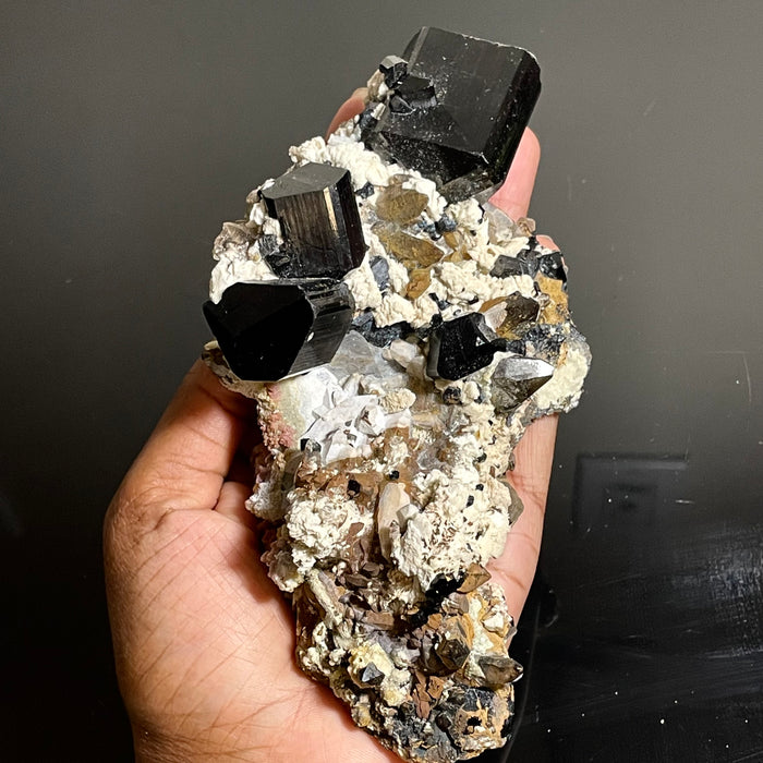 Self-Standing Black Tourmaline Crystal with Feldspar and Hyalite , from Erongo Mountain, Erongo Region, Namibia