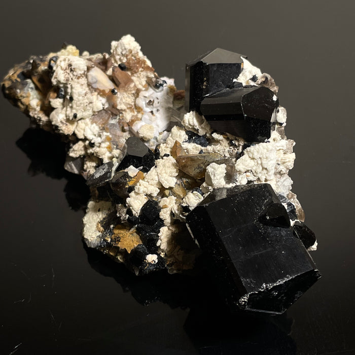 Self-Standing Black Tourmaline Crystal with Feldspar and Hyalite , from Erongo Mountain, Erongo Region, Namibia