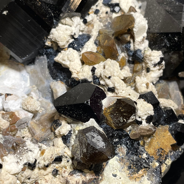 Self-Standing Black Tourmaline Crystal with Feldspar and Hyalite , from Erongo Mountain, Erongo Region, Namibia