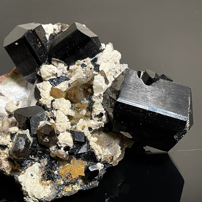 Self-Standing Black Tourmaline Crystal with Feldspar and Hyalite , from Erongo Mountain, Erongo Region, Namibia
