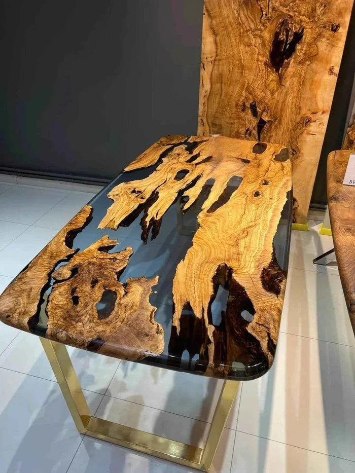 Ink Black Translucent Resin Dining table | Modern Wooden Dining Table with legs - Pacific Resin Art