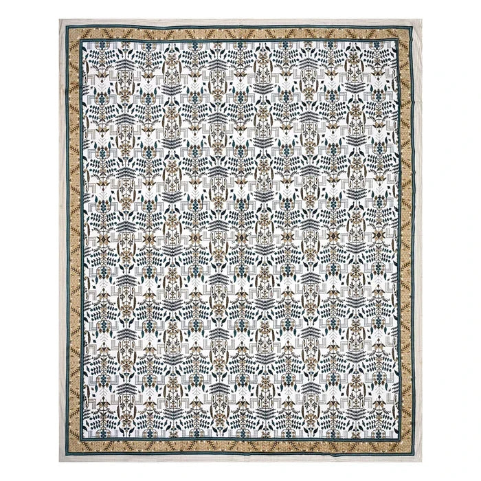 Jaipuri Cotton Double Bedsheet – Beige & Blue Mughal Print (90x108 inches)