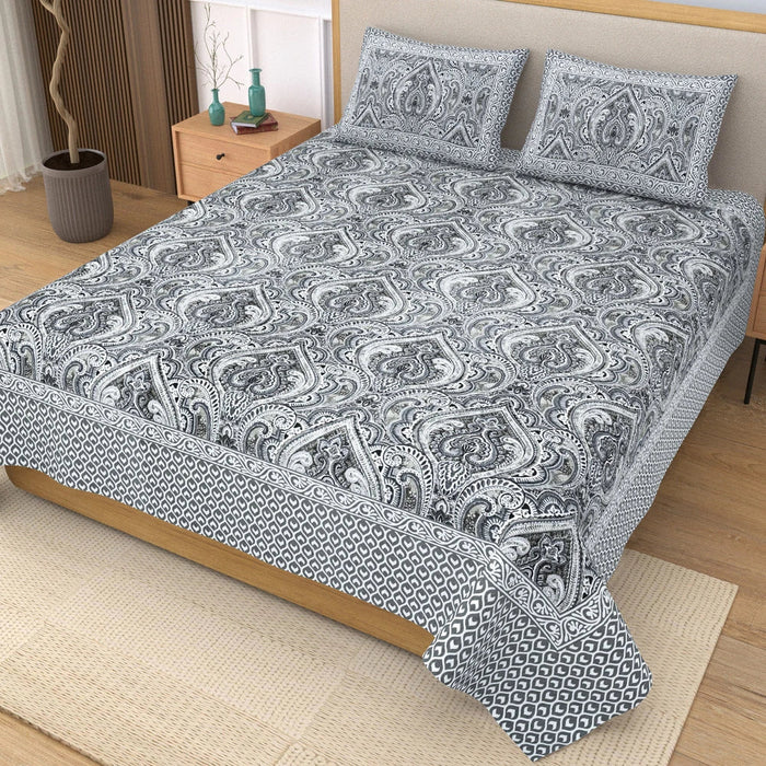 Jaipuri Cotton Double Bedsheet – Black & White Paisley (90x108 inches)