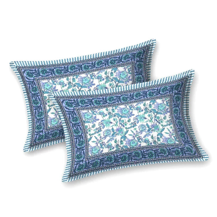 Jaipuri Cotton Double Bedsheet – Blue & Aqua Floral Vine (90x108 inches)
