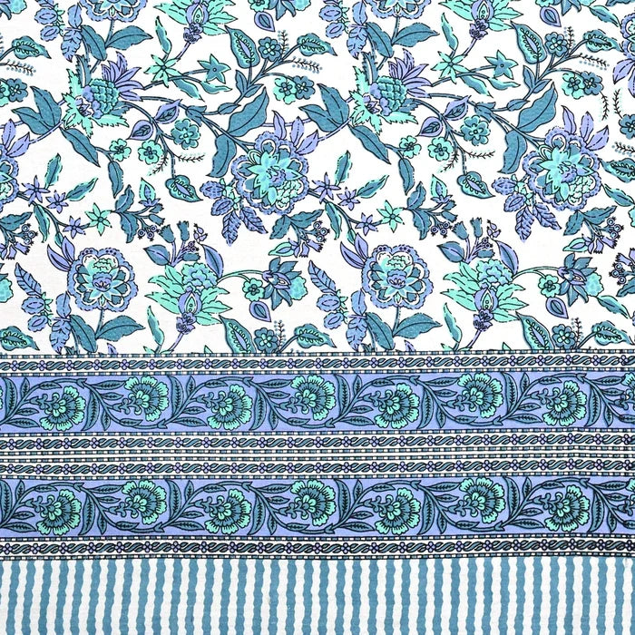 Jaipuri Cotton Double Bedsheet – Blue & Aqua Floral Vine (90x108 inches)