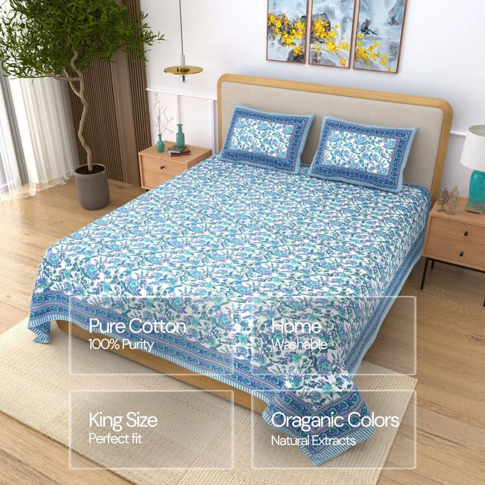 Jaipuri Cotton Double Bedsheet – Blue & Aqua Floral Vine (90x108 inches)