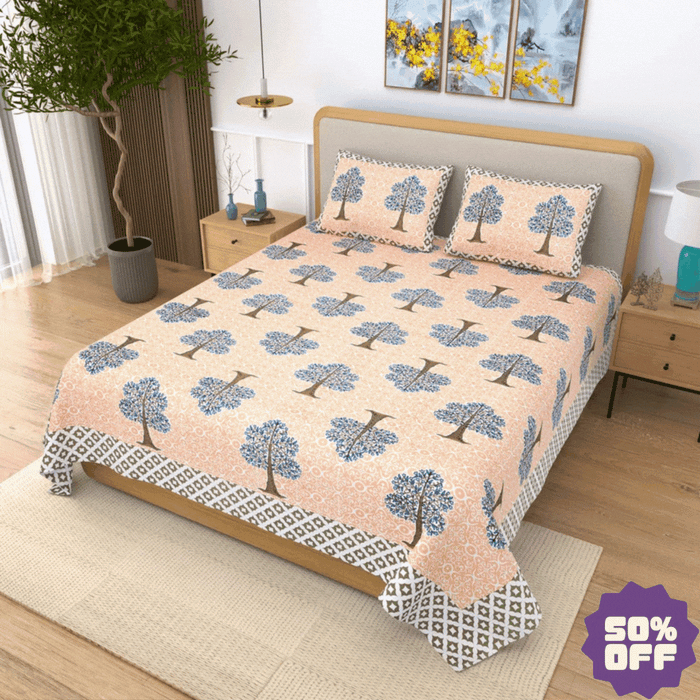 Jaipuri Cotton Double Bedsheet – Peach & Blue Tree Motif (90x108 inches)