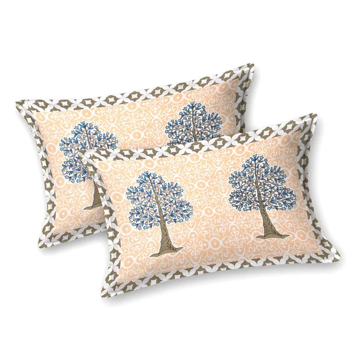 Jaipuri Cotton Double Bedsheet – Peach & Blue Tree Motif (90x108 inches)