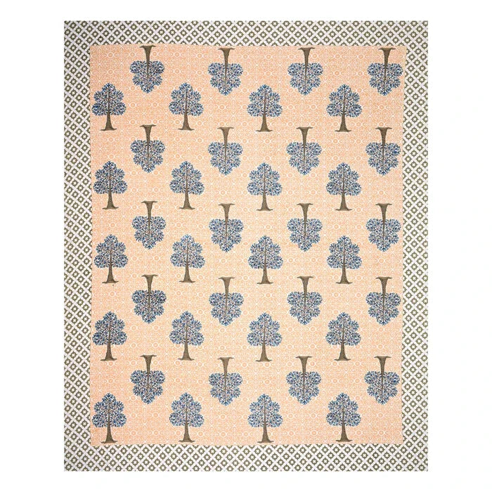 Jaipuri Cotton Double Bedsheet – Peach & Blue Tree Motif (90x108 inches)