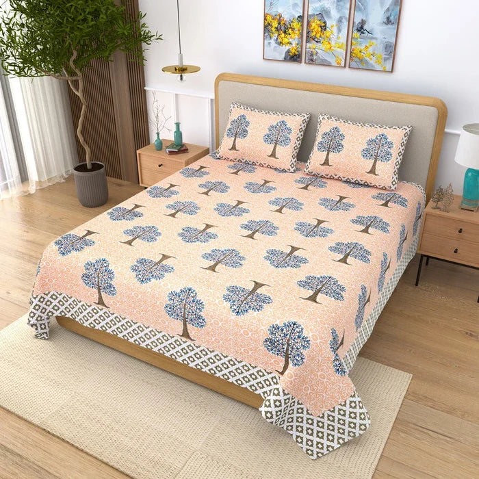 Jaipuri Cotton Double Bedsheet – Peach & Blue Tree Motif (90x108 inches)