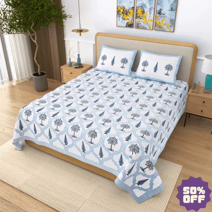 Jaipuri Cotton Double Bedsheet Set - Blue Leaf Motif (108x108 inches)