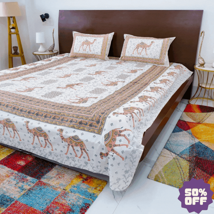 Jaipuri Cotton Double Bedsheet Set - Peach Camel Print (90x108 inches)