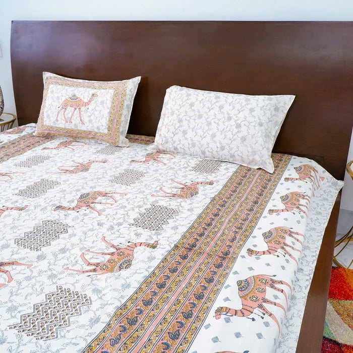 Jaipuri Cotton Double Bedsheet Set - Peach Camel Print (90x108 inches)