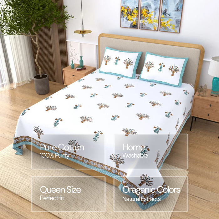 Jaipuri Cotton Double Bedsheet Set - Yellow Floral (108x108 inches)