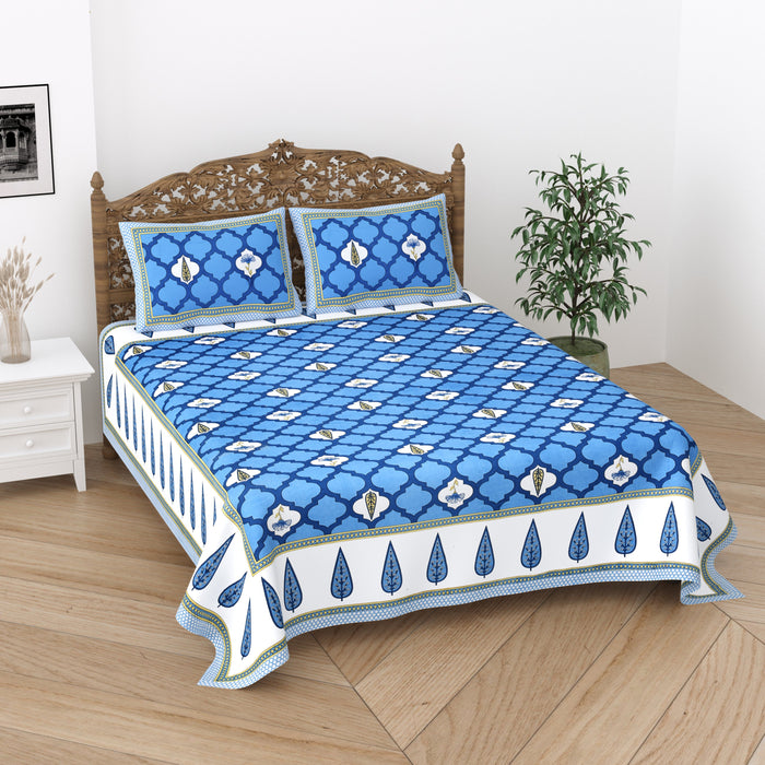 Jaipuri Cotton Double Bedsheet Set – Blue & White Mughal Print (90x108 inches)
