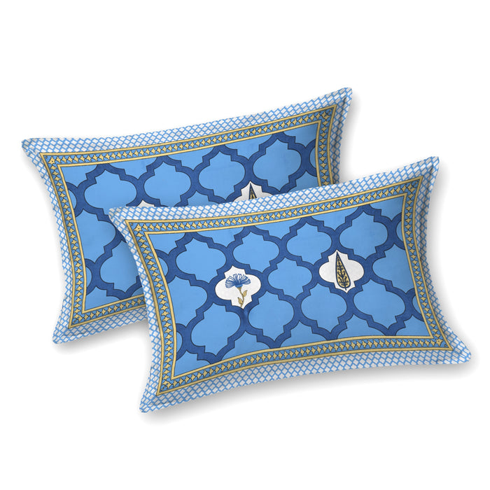 Jaipuri Cotton Double Bedsheet Set – Blue & White Mughal Print (90x108 inches)