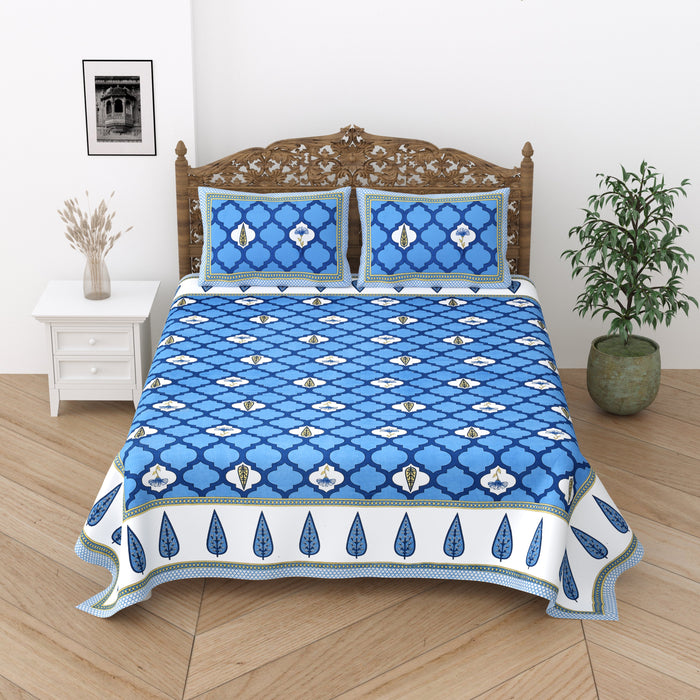 Jaipuri Cotton Double Bedsheet Set – Blue & White Mughal Print (90x108 inches)