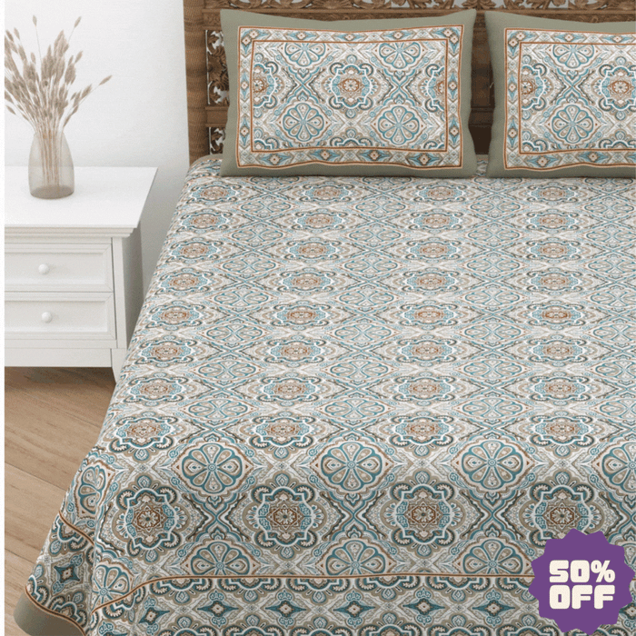 Jaipuri Cotton Double Bedsheet Set – Green & Beige Floral Mughal Print (90x108 inches)