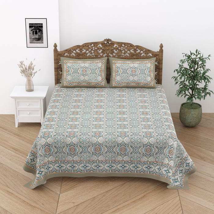 Jaipuri Cotton Double Bedsheet Set – Green & Beige Floral Mughal Print (90x108 inches)