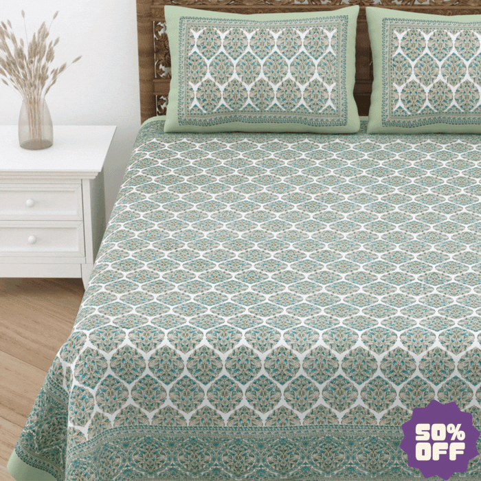 Jaipuri Cotton Double Bedsheet Set – Green & Beige Floral Print (90x108 inches)