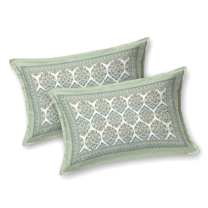 Jaipuri Cotton Double Bedsheet Set – Green & Beige Floral Print (90x108 inches)
