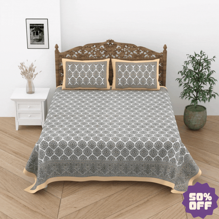 Jaipuri Cotton Double Bedsheet Set –  Grey & Beige Floral Print (90x108 inches)
