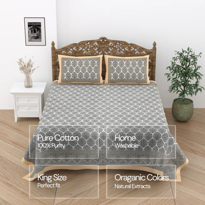 Jaipuri Cotton Double Bedsheet Set –  Grey & Beige Floral Print (90x108 inches)
