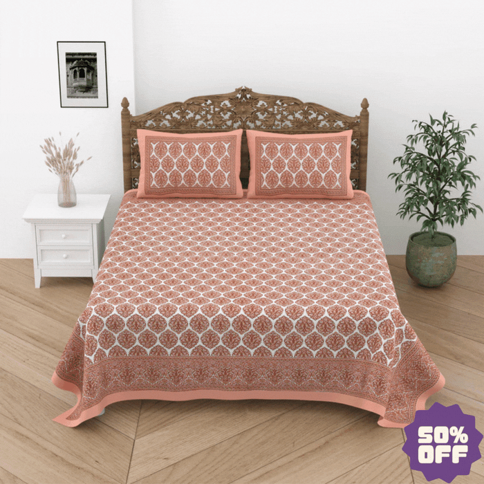 Jaipuri Cotton Double Bedsheet Set – Rust & White Floral Print (90x108 inches)