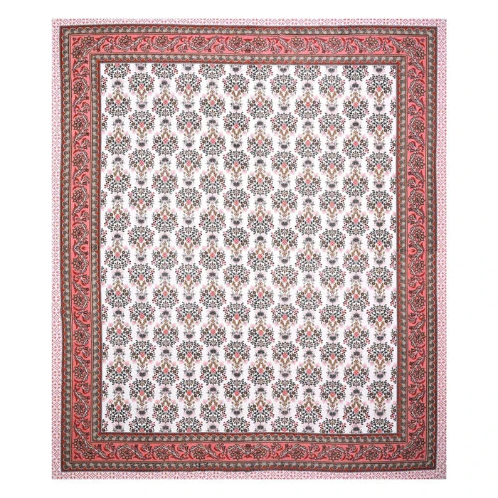 Jaipuri Cotton Double Bedsheet – White, Pink & Brown Floral Print (90x108 inches)