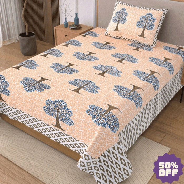 Jaipuri Cotton Single Bedsheet Set - Orange Floral Tree (70X100 inches)