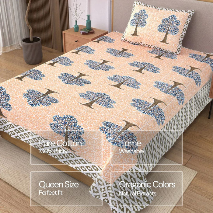 Jaipuri Cotton Single Bedsheet Set - Orange Floral Tree (70X100 inches)