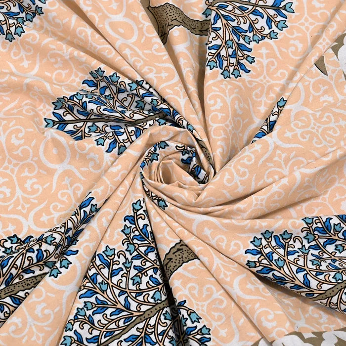 Jaipuri Cotton Single Bedsheet Set - Orange Floral Tree (70X100 inches)