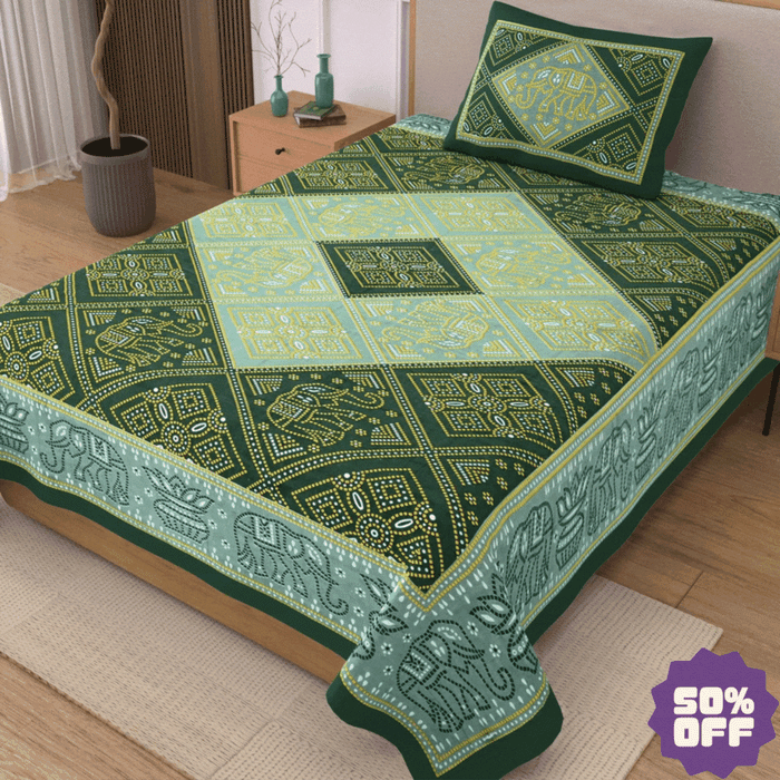 Jaipuri Cotton Single Bedsheet Set – Green & Yellow Bandhani Print (70X100 inches)