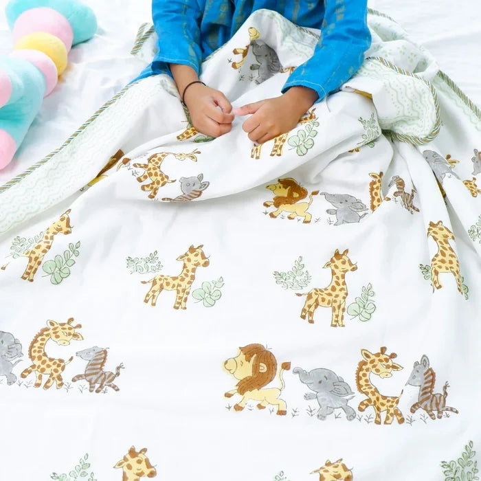 Single Bed Jungle Handblocked Printed Children Bed Dohar - Tarvik