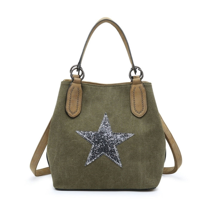 Khaki Canvas Sequin Star Handbag