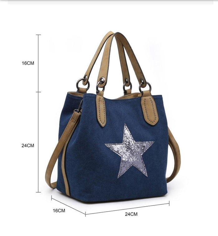 Khaki Canvas Sequin Star Handbag