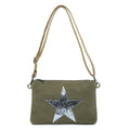 Khaki Green Flat Star Canvas Clutch/Crossbody with Strap