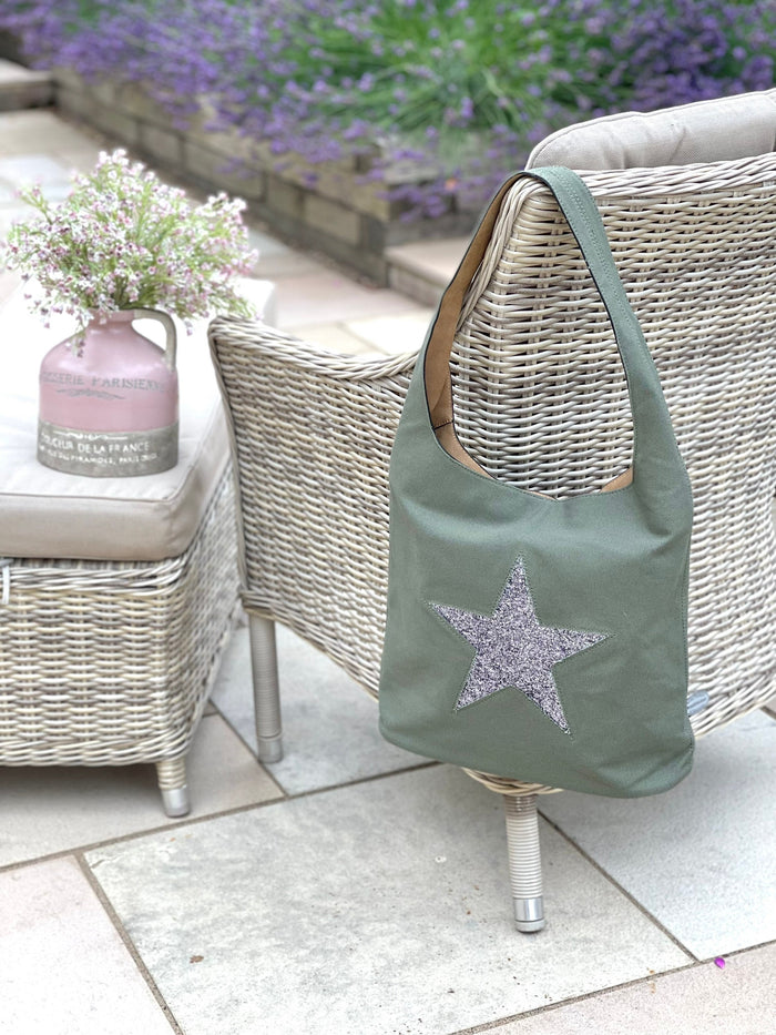 Khaki Tote/Shoulder Bag with Encrusted Star
