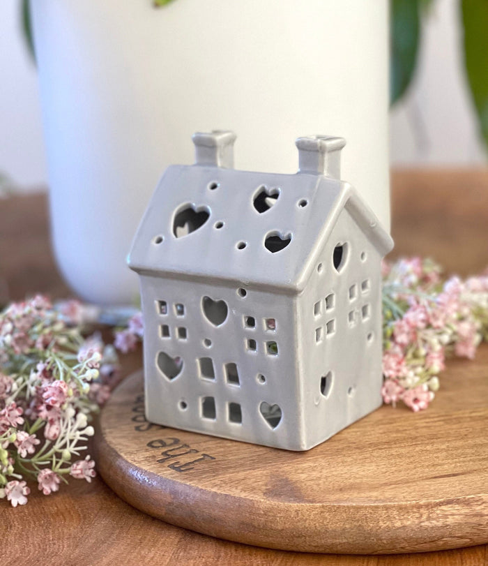 Large Grey Ceramic Heart House Tea Light