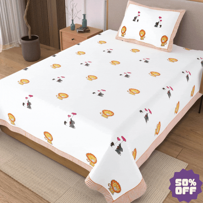 Lion & Elephant Block Printed Kids Cotton Bedsheet - Single Bed Size (60X90 Inches)