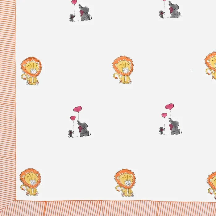 Lion & Elephant Block Printed Kids Cotton Bedsheet - Single Bed Size (60X90 Inches)