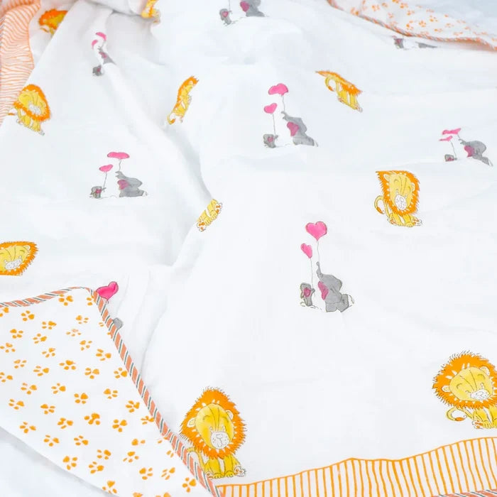 Single Bed Lion Handblock Printed Children Bed Dohar - Tarvik