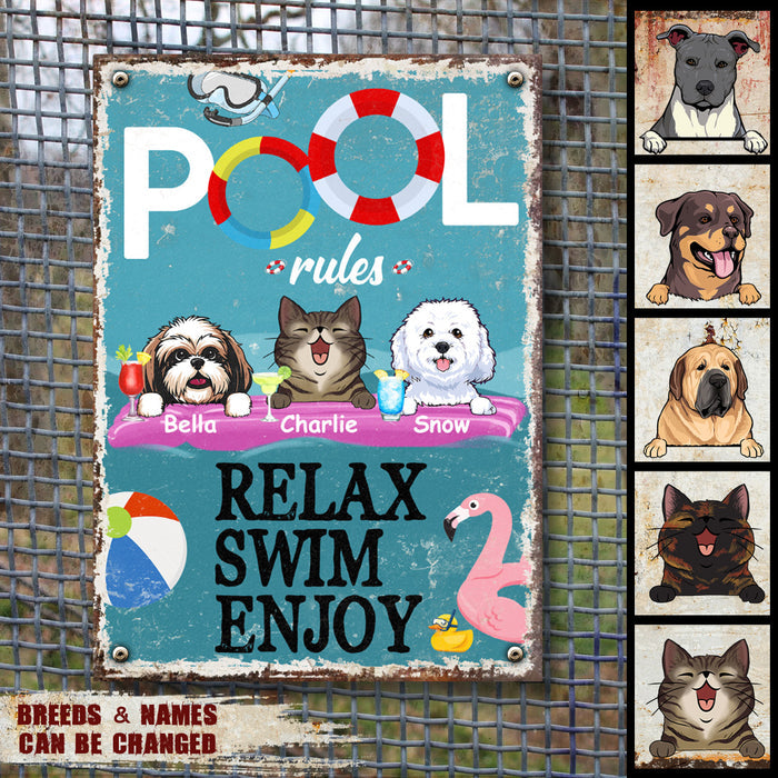 Metal Pool Sign, Gifts For Pet Lovers, Relax Swim Enjoy Flamingo Personalized Metal Signs