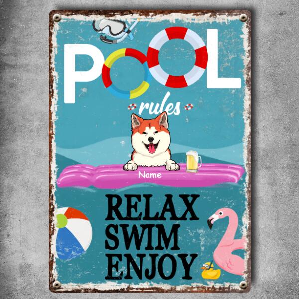 Metal Pool Sign, Gifts For Pet Lovers, Relax Swim Enjoy Flamingo Personalized Metal Signs