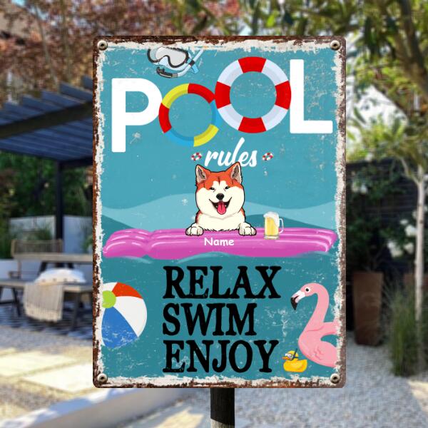 Metal Pool Sign, Gifts For Pet Lovers, Relax Swim Enjoy Flamingo Personalized Metal Signs