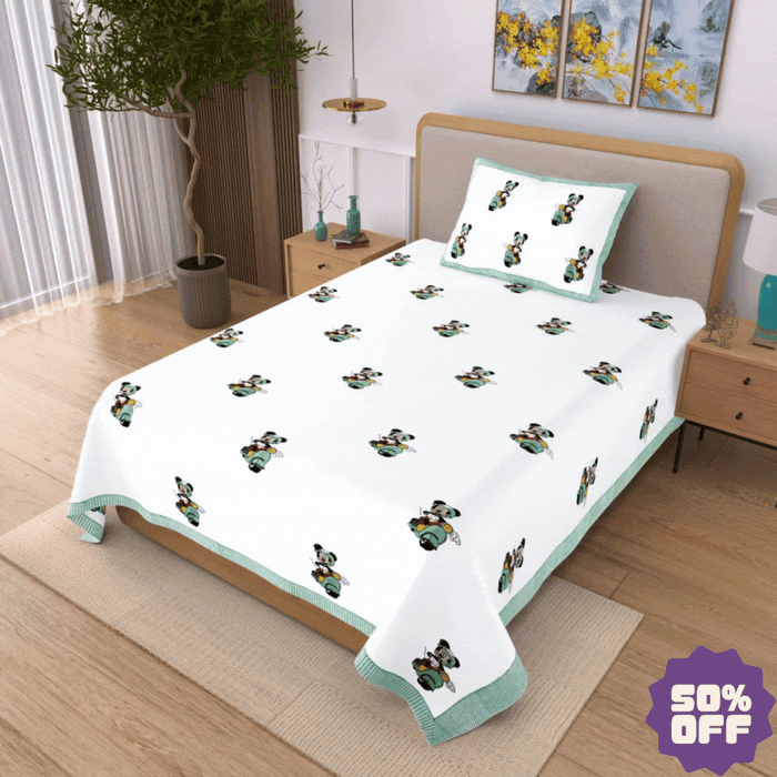 Mickey Scooter Block Printed Kids Cotton Bedsheet - Single Bed Size (60X90 Inches)