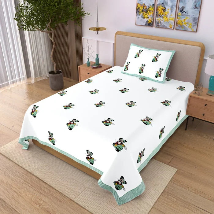 Mickey Scooter Block Printed Kids Cotton Bedsheet - Single Bed Size (60X90 Inches)