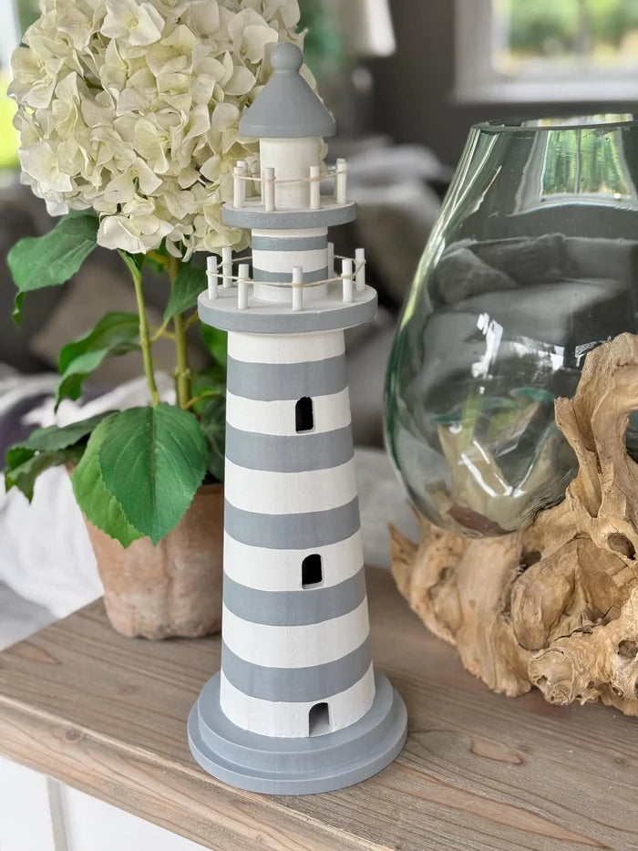 Nautical Wooden Lighthouse - White and Grey