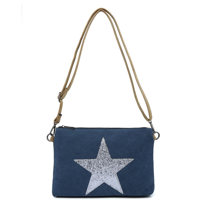 Navy Flat Star Canvas Clutch/Crossbody with Strap