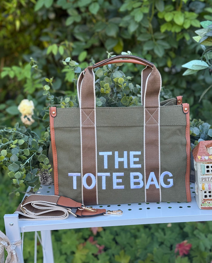 New Embroidered Tote Bag - Khaki Green